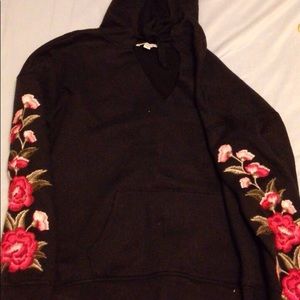 Embroidered rose v neck hoodie